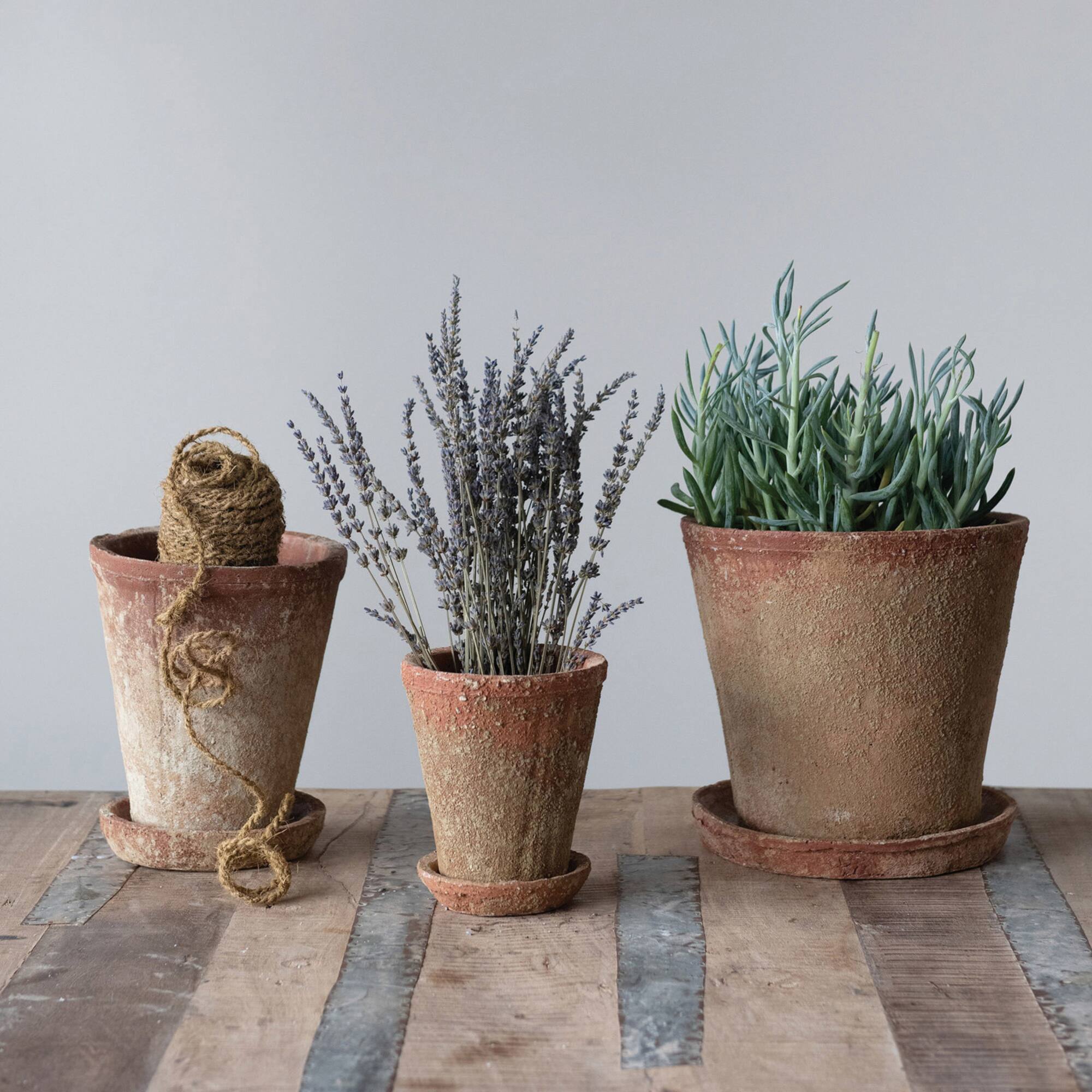 Hello Honey® 7" Distressed Terra Cotta Cement Planter with Saucer Set